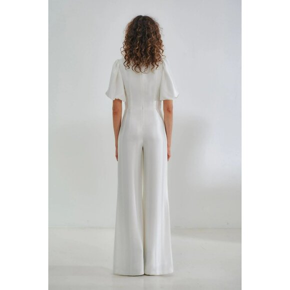 Galvan London Eden Deep V Wide Leg White Satin Bridal Jumpsuit Puff Sleeve Bride - Picture 6 of 16